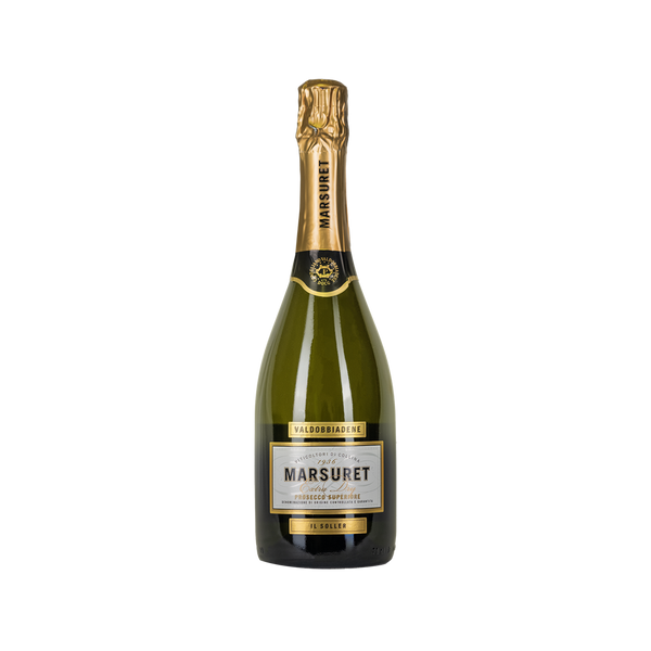 Bottle of Marsuret Prosecco Il Soller Valdobbiadene Superiore sparkling wine from Veneto, Italy