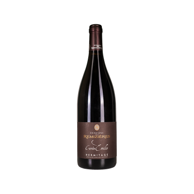 Bottle of Domaine des Remizières Cuvée E Hermitage red wine from Rhône Valley, France