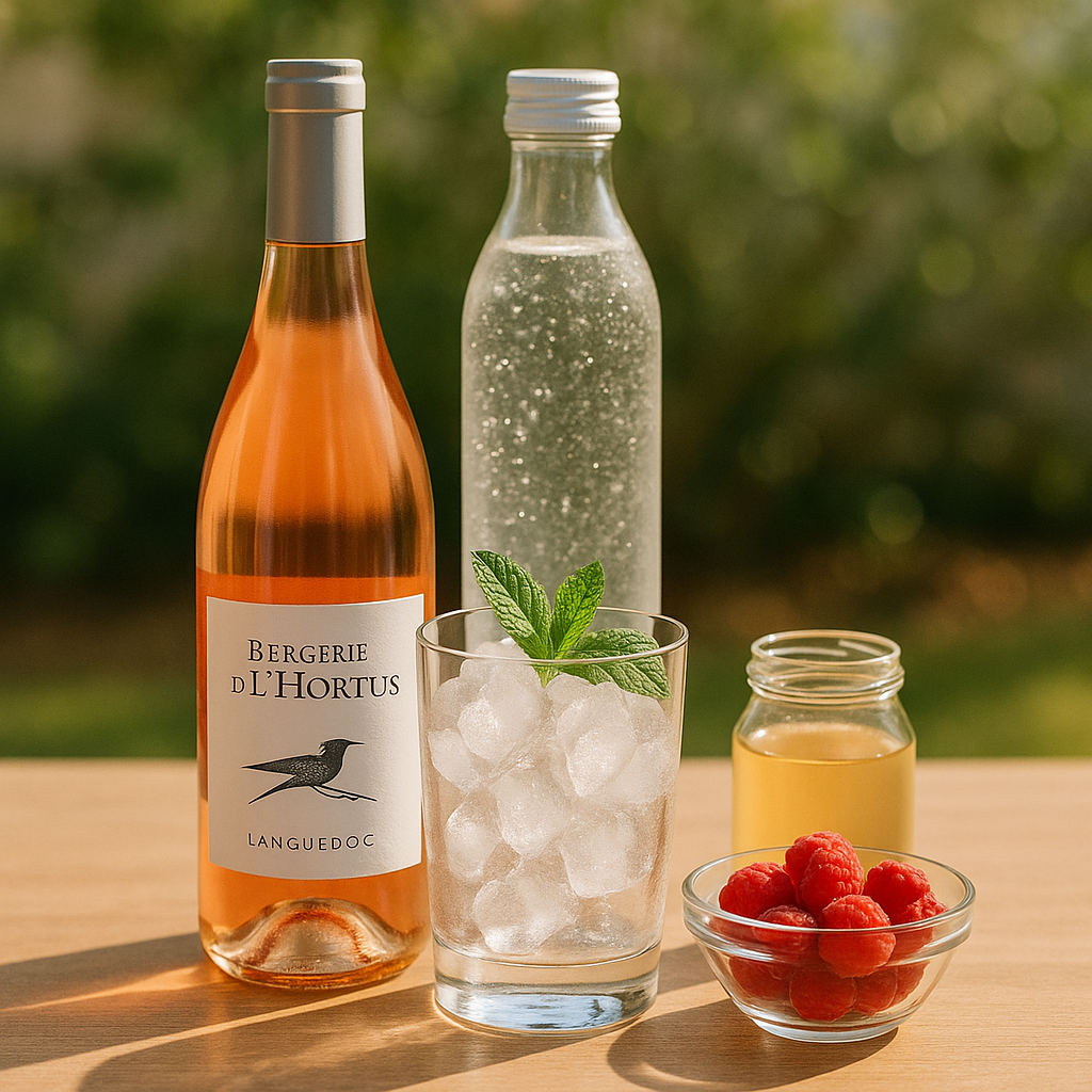 Rosé & Raspberry Spritz cocktail with dry rosé wine, fresh raspberries, mint, ice, and sparkling water, a refreshing summer drink served in a large glass.